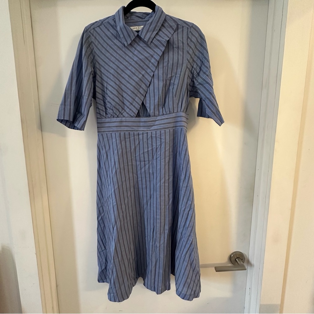Sandro Blue and White Notched Collar Midi Dress